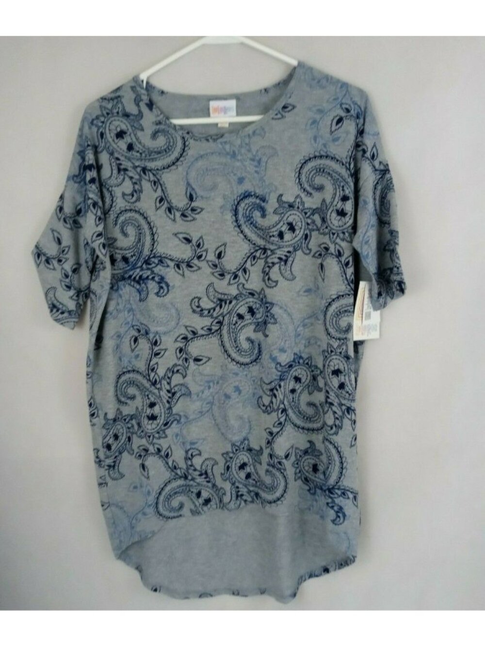 NWT Lularoe Irma Tunic Gray With Blue Floral Paisley Design Size XXS
